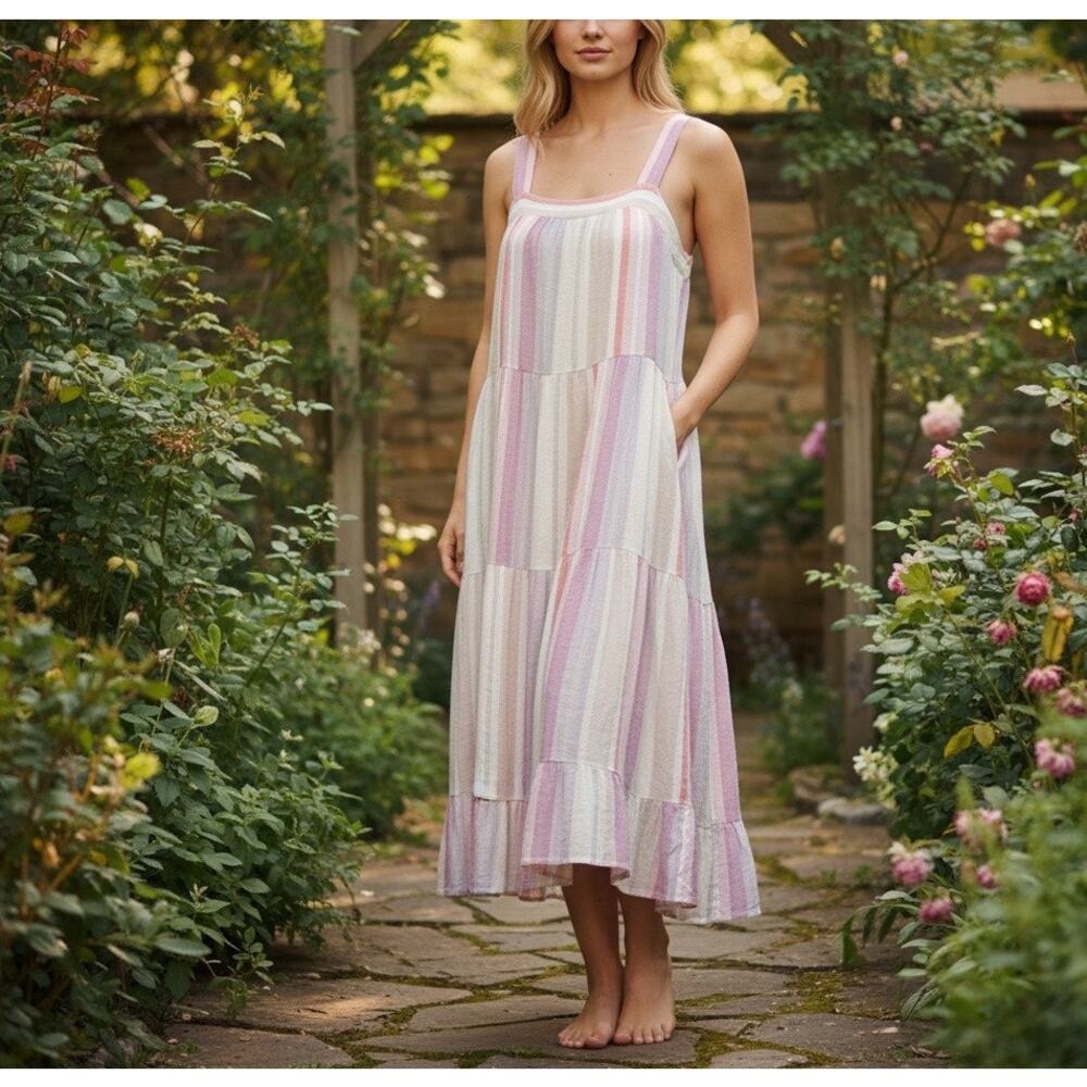 Rails Pink White Striped Midi Dress MEDIUM Linen Tiered Ruffle Sundress $188